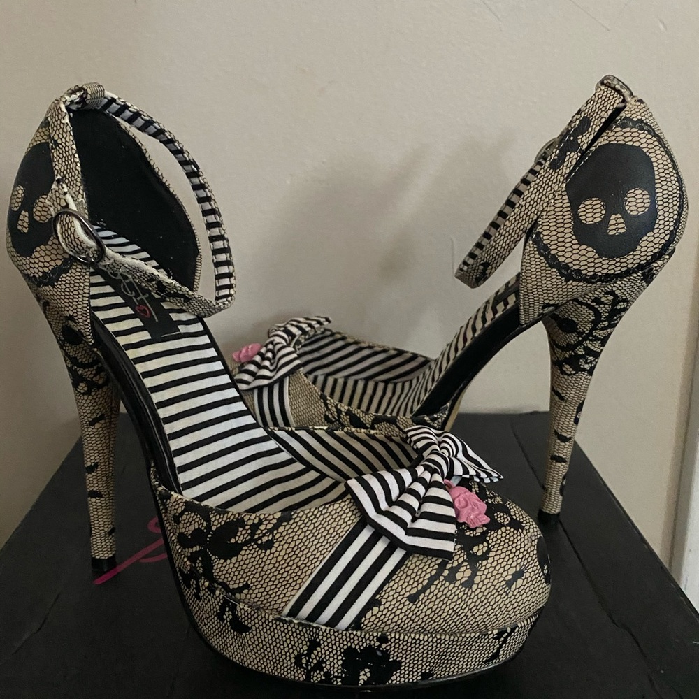 Iron Fist ankle strap lace skull closed toed heels